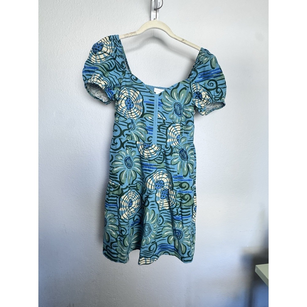 House of Harlow 1960 womens floral Mini Dress sz M Linen Blend Puff-Sleeve Blue